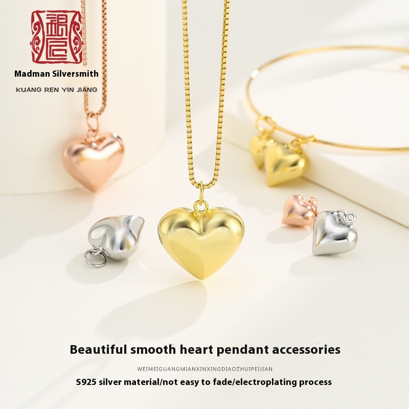 S925 Sterling Silver Three-dimensional Peach Heart Necklace Pendant String Material Diy Braided Rope Beaded Bracelet Heart-shaped Pendant Accessories