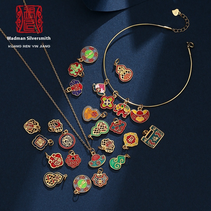 925 Sterling Silver Bracelet Accessories Blue Pendant Enamel Bracelet Necklace Ancient Gold Diy Small Pendant Material