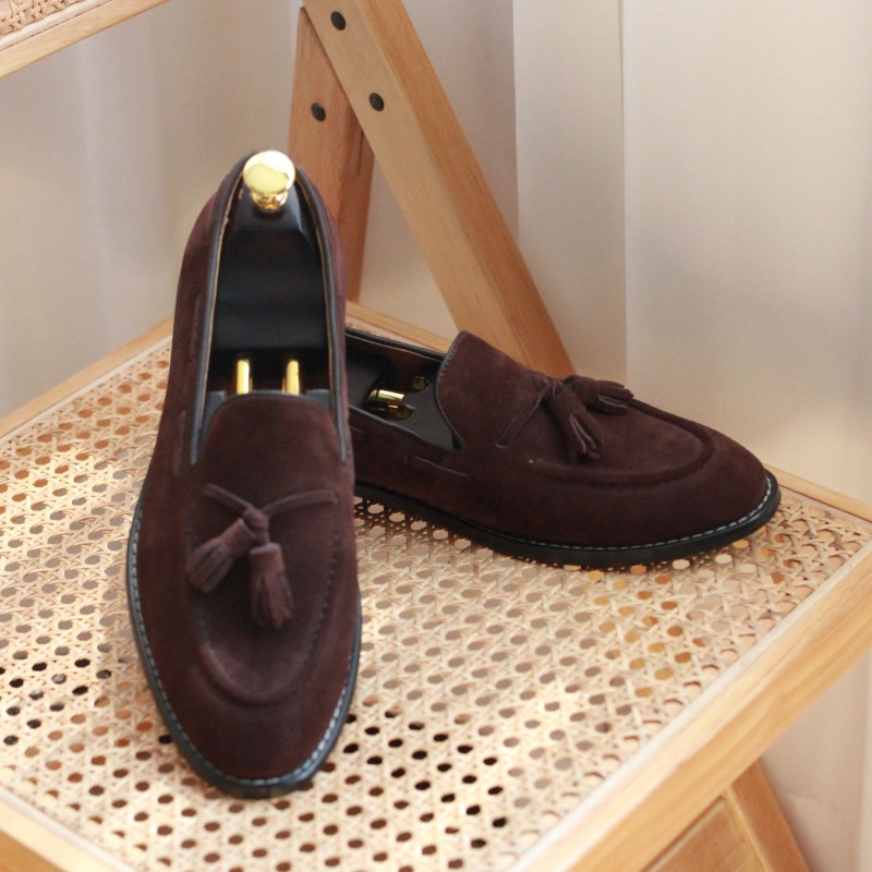 Spring And Summer Brown British Tassel Italian Low-top Suede Slip-on Loafers For Men