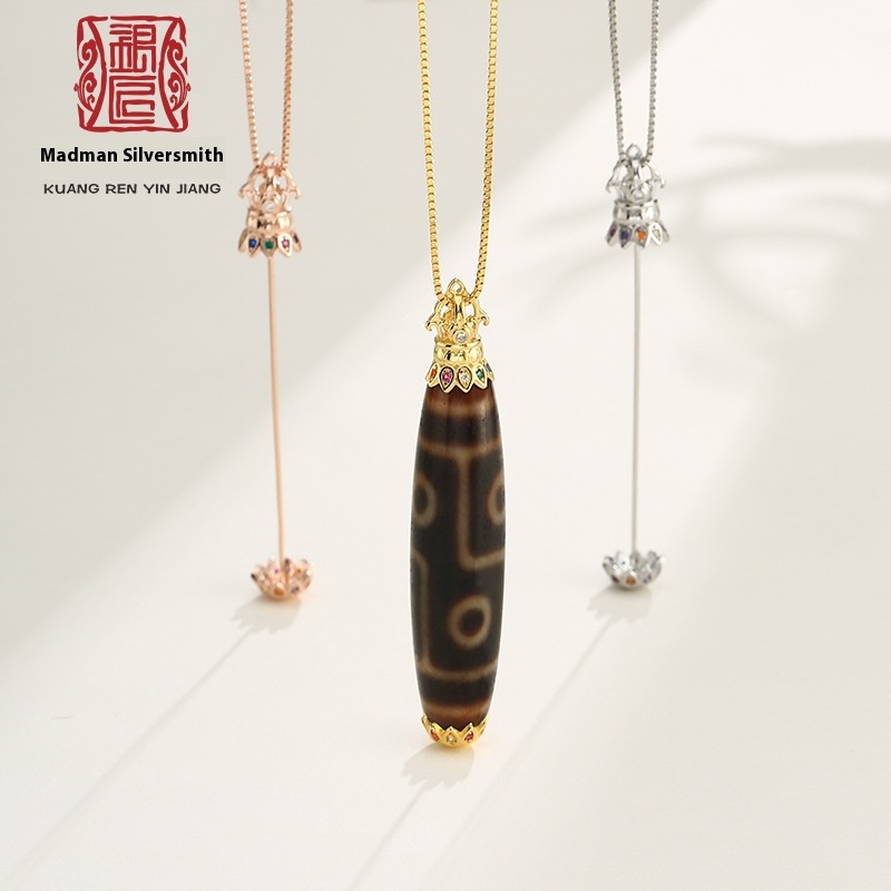 Dzi Bead Sterling Silver Buckle Vertical Piercing Dzi Bead Pendant Empty Bracket Accessories Universal Buckle Can Be Unscrewed Pendant Three-eye Dzi Bead Necklace