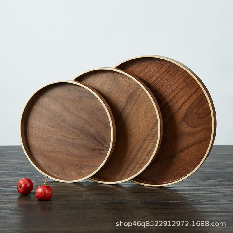 Direct Sale North American Black Walnut Round Tray Wooden Round Tray Tea Tray Fruit Tray Snack Dessert Tray Dinner Tray
