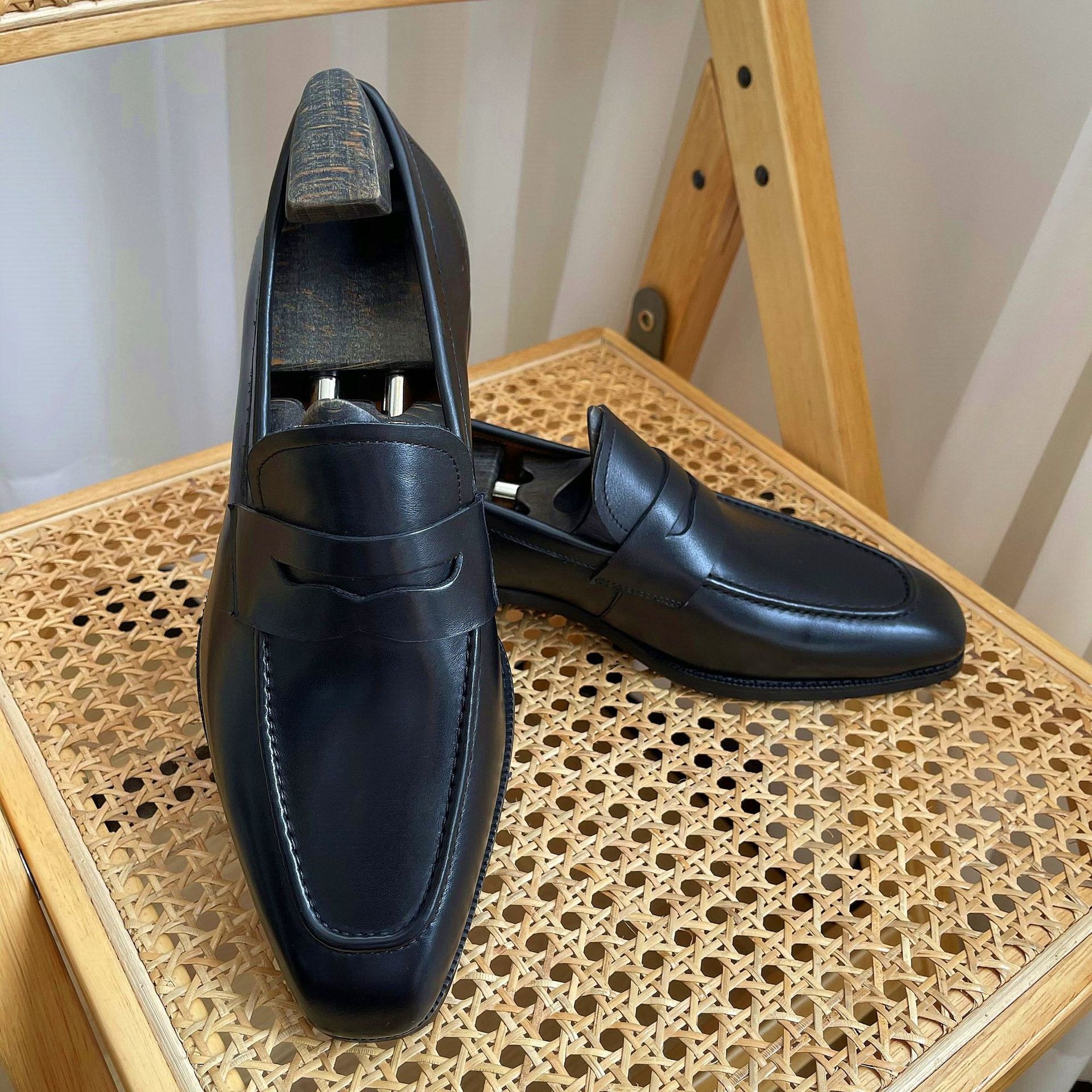 Zeyi Men's Loafer Penny Leather Shoes British Retro Cow Suede Leather Slip-on Small Square Head Men's Shoes