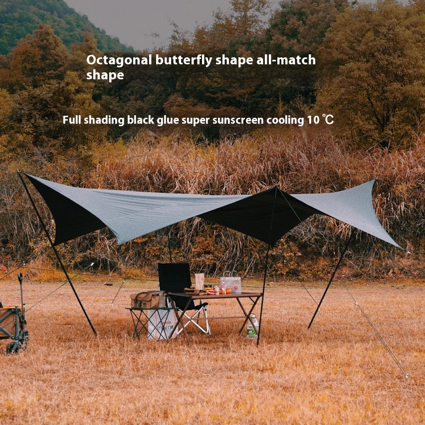 Sunscreen Black Plastic Canopy Outdoor Butterfly-shaped Extra-large Windproof Portable Camping Sunshade Hexagonal Canopy Oxford Cloth