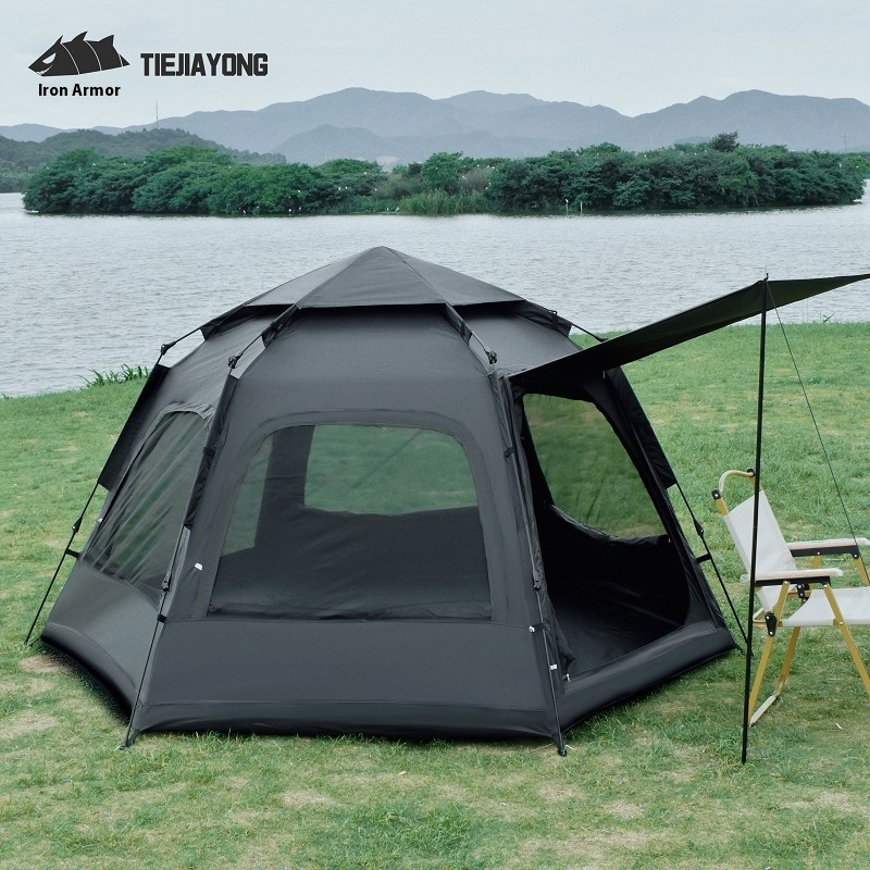 Hexagonal Black Plastic Tent Sun Protection Outdoor Multi-person Large Space Ventilation Camping Beach Camping Fully Automatic Quick Opening Tent