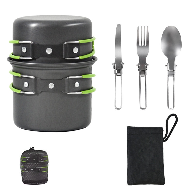 Camping Pot Set Outdoor Camping Tableware Knife Fork Spoon Pot Kitchen Set Portable Picnic Cooker
