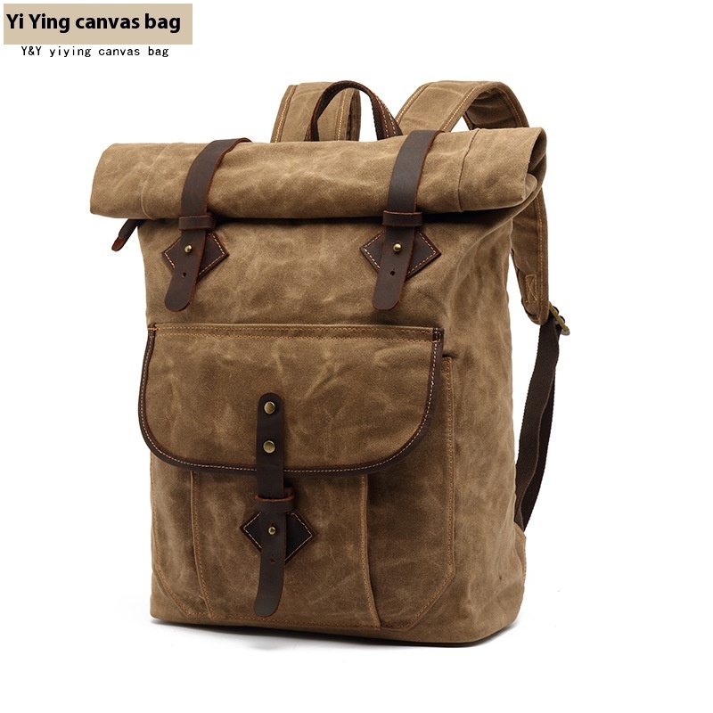 European And American Retro Waterproof Canvas Backpack Waxed With Genuine Leather Backpack Travel Computer Bag