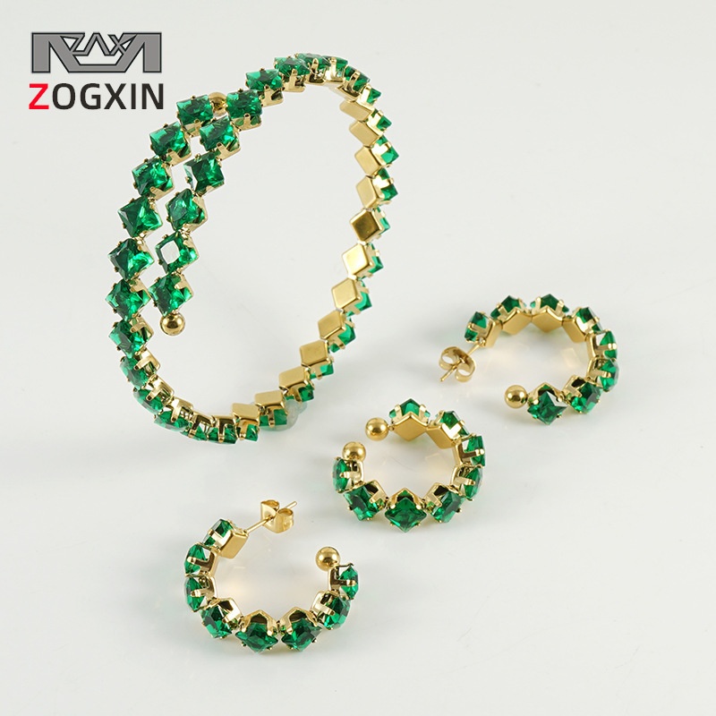 European And American Fashion Diamond Jewelry Set Stainless Steel Ring Earrings Bracelet Zircon Series Combination Women