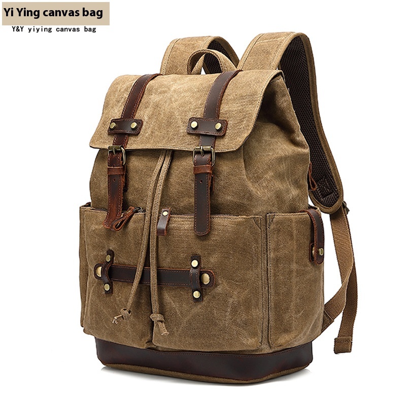 Canvas Men's Backpack Oil Wax Splash-proof Backpack Crazy Horse Leather Computer Bag