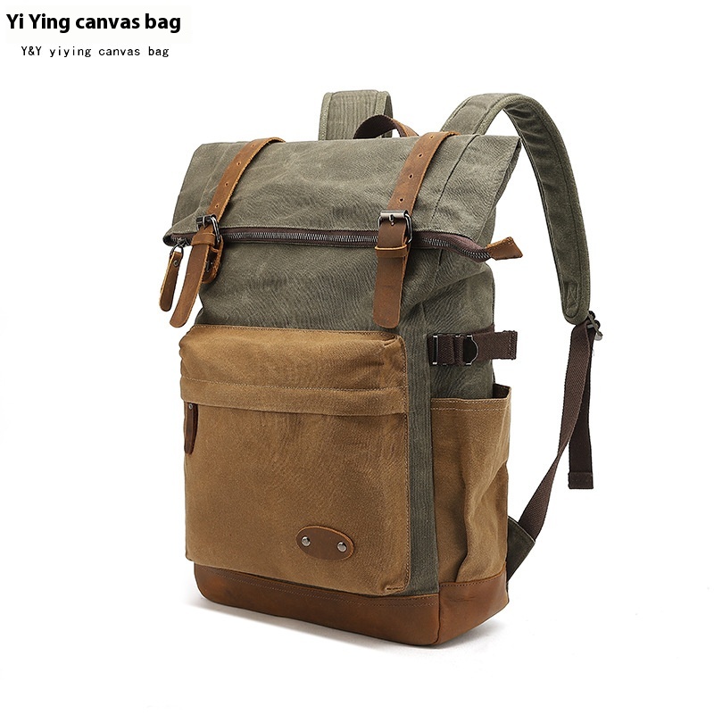 Canvas Backpack For Men,College Student Backpack,Outdoor Travel Computer Bag,Waxed Canvas With Crazy Horse Leather,Water-repellent