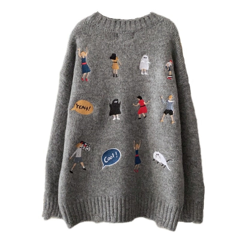 Embroidered Soft Waxy Sweater Loose Outer Wear Lazy Style Western Style Age-reducing Knitted Sweater Top