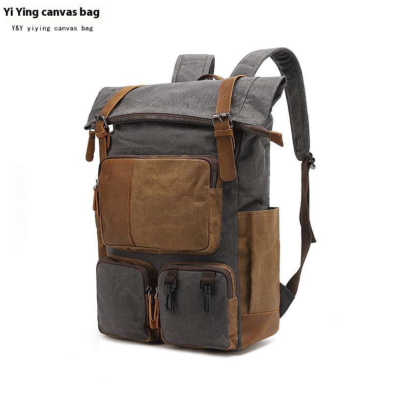 Canvas Backpack For Men,College Student Backpack,Outdoor Travel Computer Bag,Waxed Canvas With Crazy Horse Leather,Water-repellent