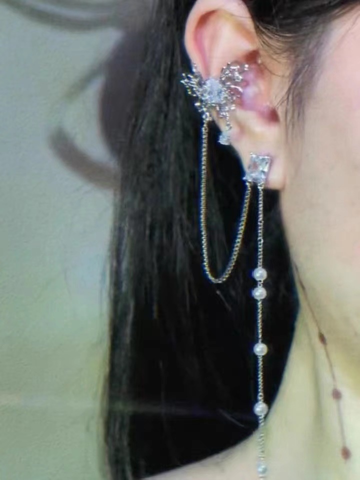 Sweet And Cool Butterfly Square Zirconium Earrings Ear Bone Clips Long Slim Tassel Earrings Female Personality Niche Design Earrings