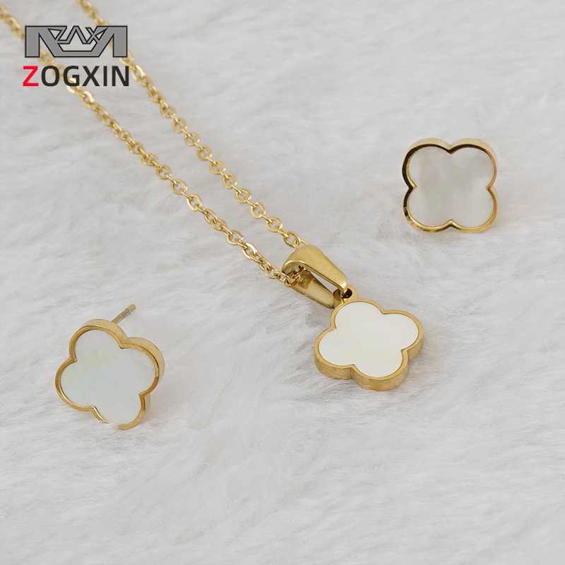 European And American Stainless Steel Lucky Four-leaf Clover Set Women's Titanium Steel Gold Shell Necklace Earrings Jewelry