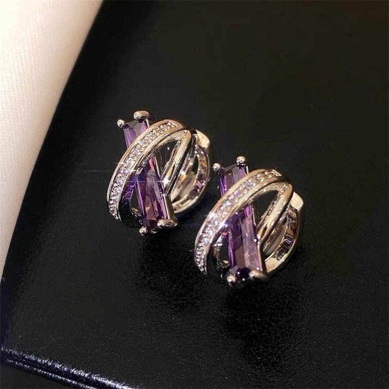 Exquisite Purple Cross Ear Buckles Niche High-end Light Luxury Zircon Earrings Temperament Versatile Whitening Circle Earrings