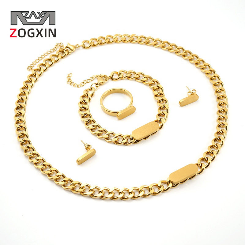 Stainless Steel Cuban Chain Necklace Bracelet Jewelry Set18 KGold Fashion All-match Earring Set