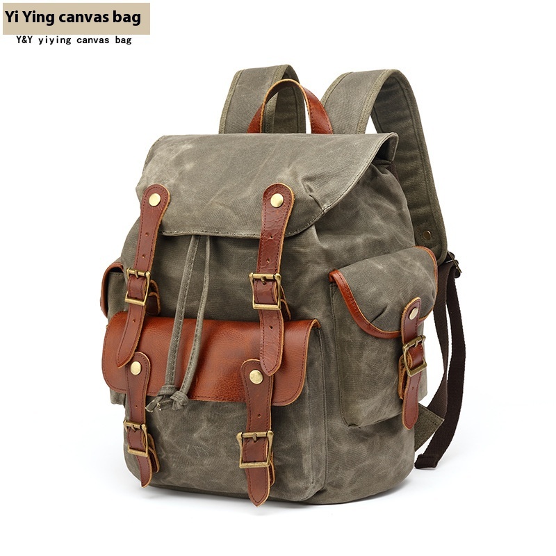 Backpack Men's Outdoor Backpack Sports Travel Bag Mountaineering Computer Student Backpack Waxed With Red Brown Top Layer Leather