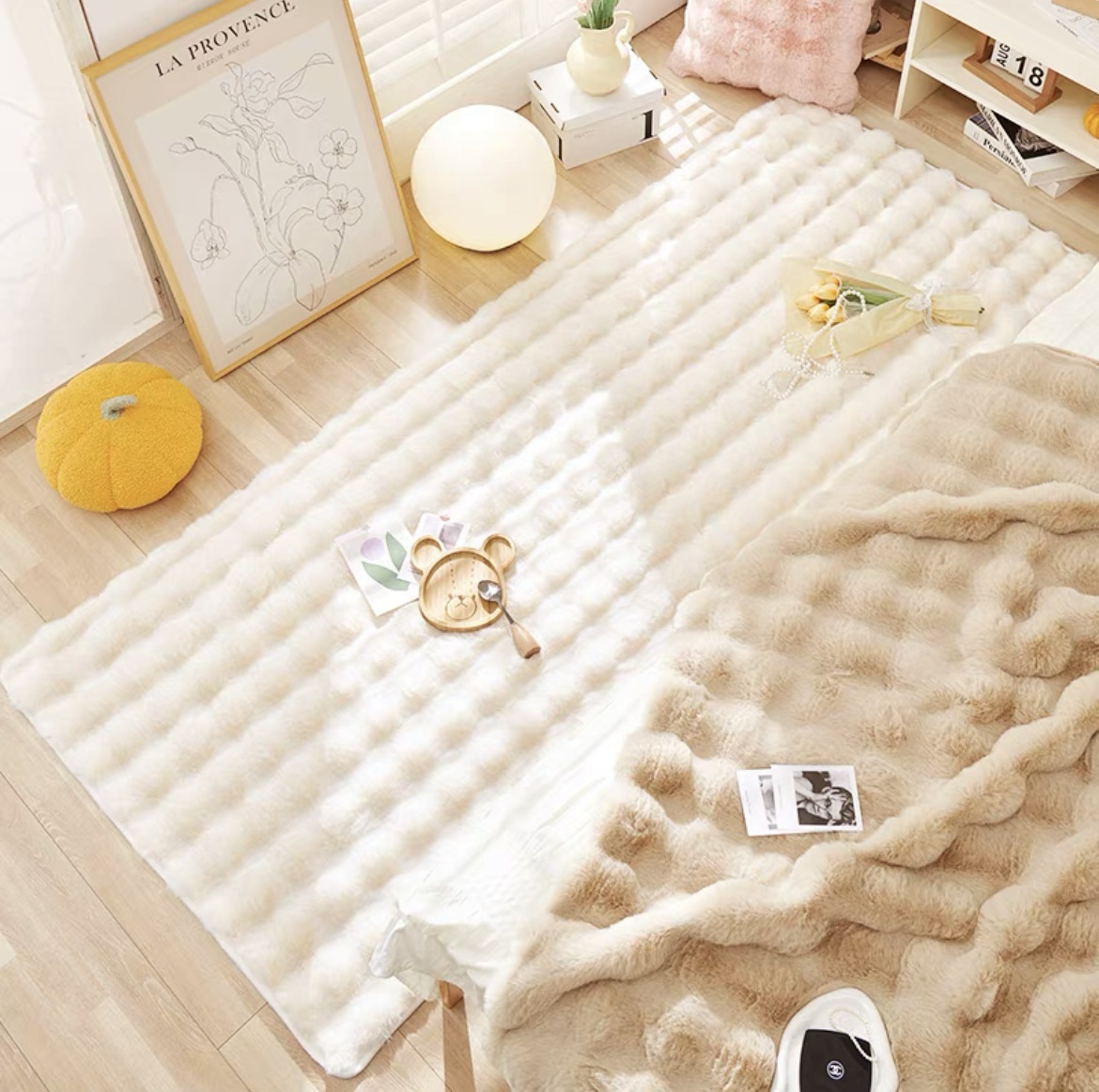 Winter Thickened Rabbit Fur Bedside Blanket Bubble Velvet Carpet Living Room Coffee Table Blanket Non-slip Bedroom Tatami Floor Mat