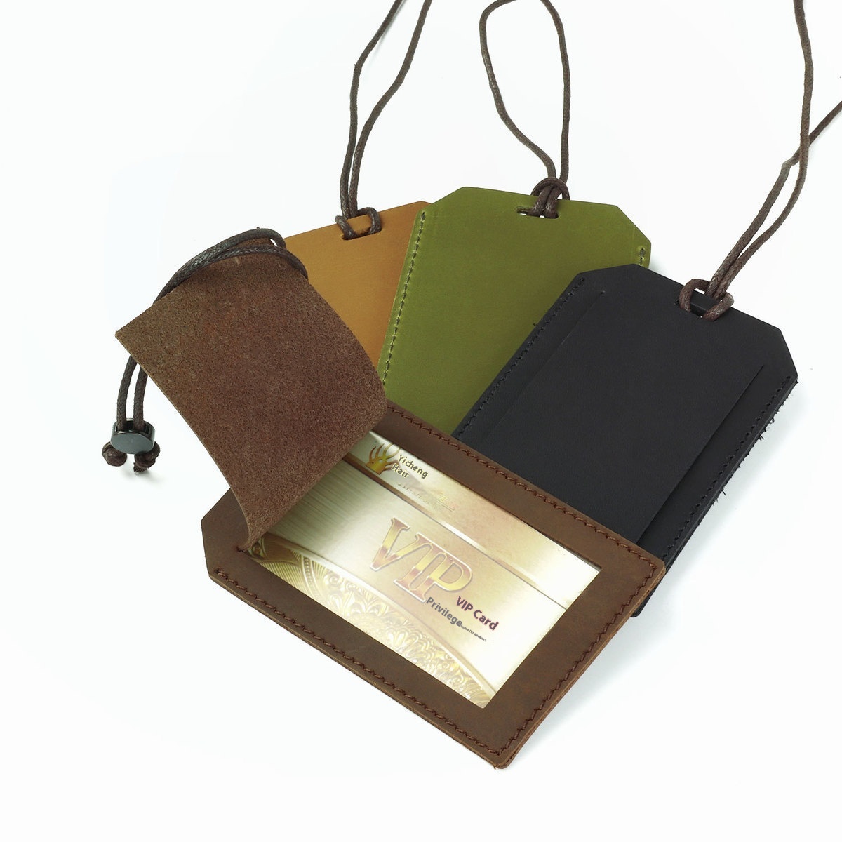 Japanese And Korean Original First Layer Cowhide Work Card Genuine Leather Card Holder Retro Student IDNeck Strap Chest Card Access Card Brand