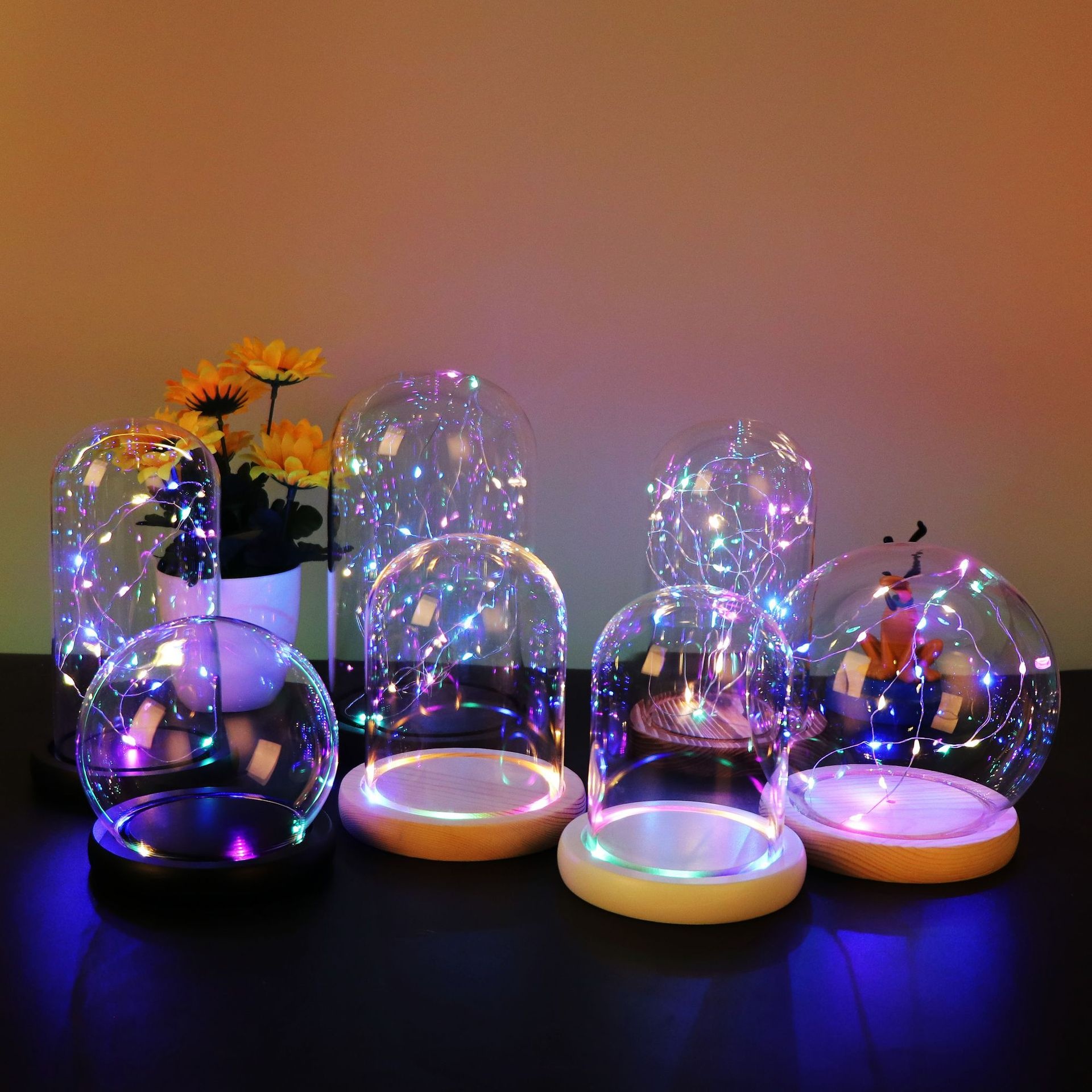 Hand-made Glass Cover Fire Tree Silver Flower Color Light String Dustproof Immortal Flower Model Display Box Desktop LEDNight Light