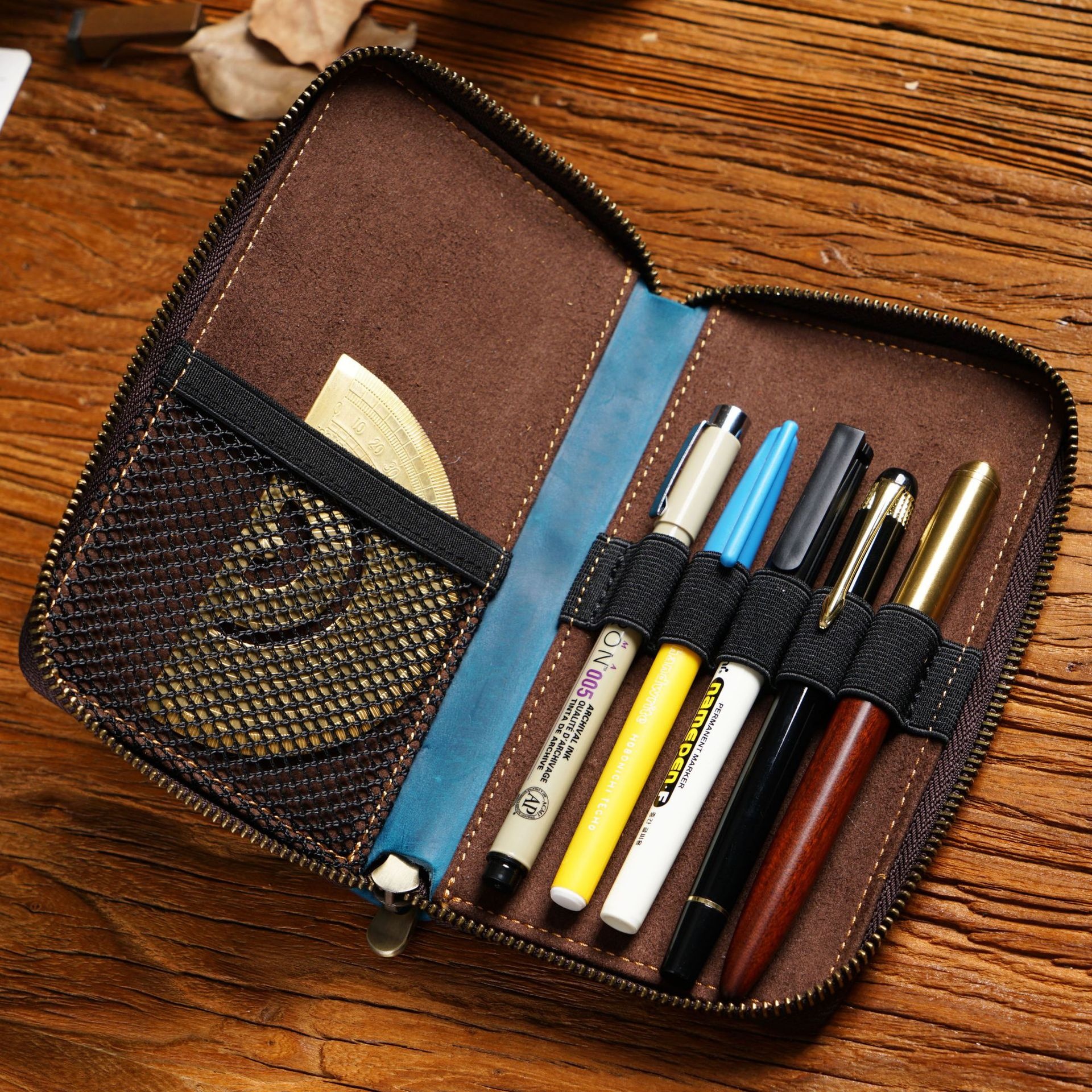 Original Top Layer Leather Zipper Pen Storage Bag Retro Cowhide Multi-pack Large Capacity Multi-functional Stationery Box Pen Box