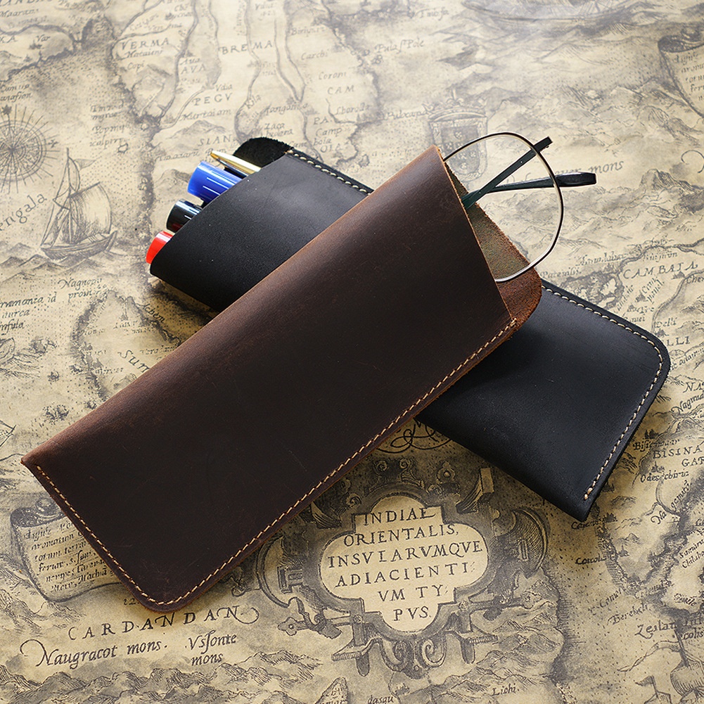 Foreign Trade Retro Crazy Horse Leather Pencil Case Simple Handmade Genuine Leather Small Pen Case Men And Women Portable Storage Glasses Protective Case