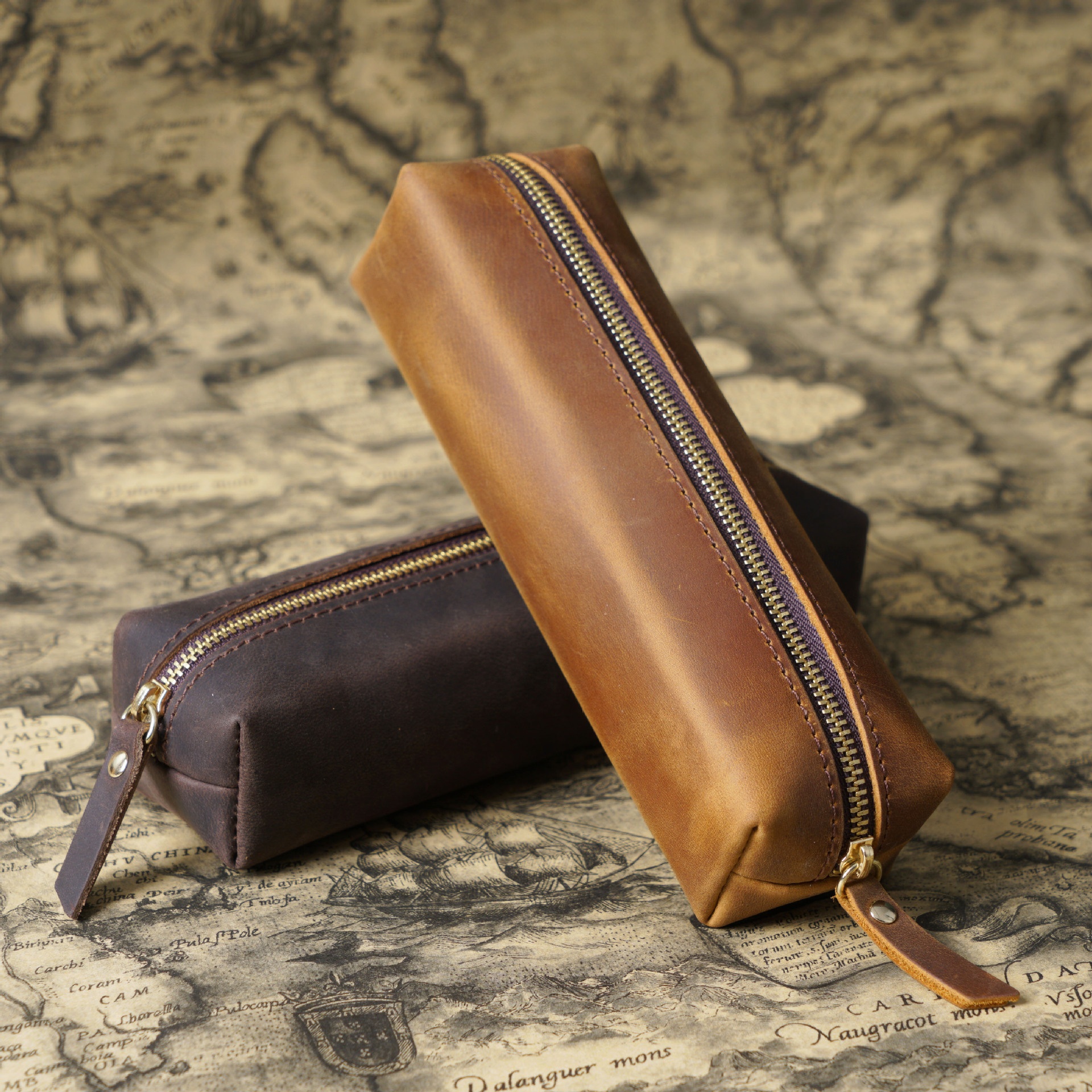Handmade Genuine Leather Pen Storage Bag Men's Cowhide Zipper Pencil Case Student Pencil Case Simple Large Capacity Stationery Bag