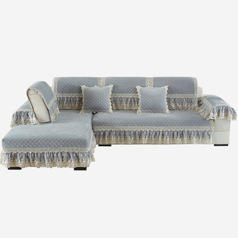 Ultra-soft And Thickened Crystal Velvet Quilted Sofa Towel Cover Solid Color Lace Skirt Non-slip Sofa Cushion S