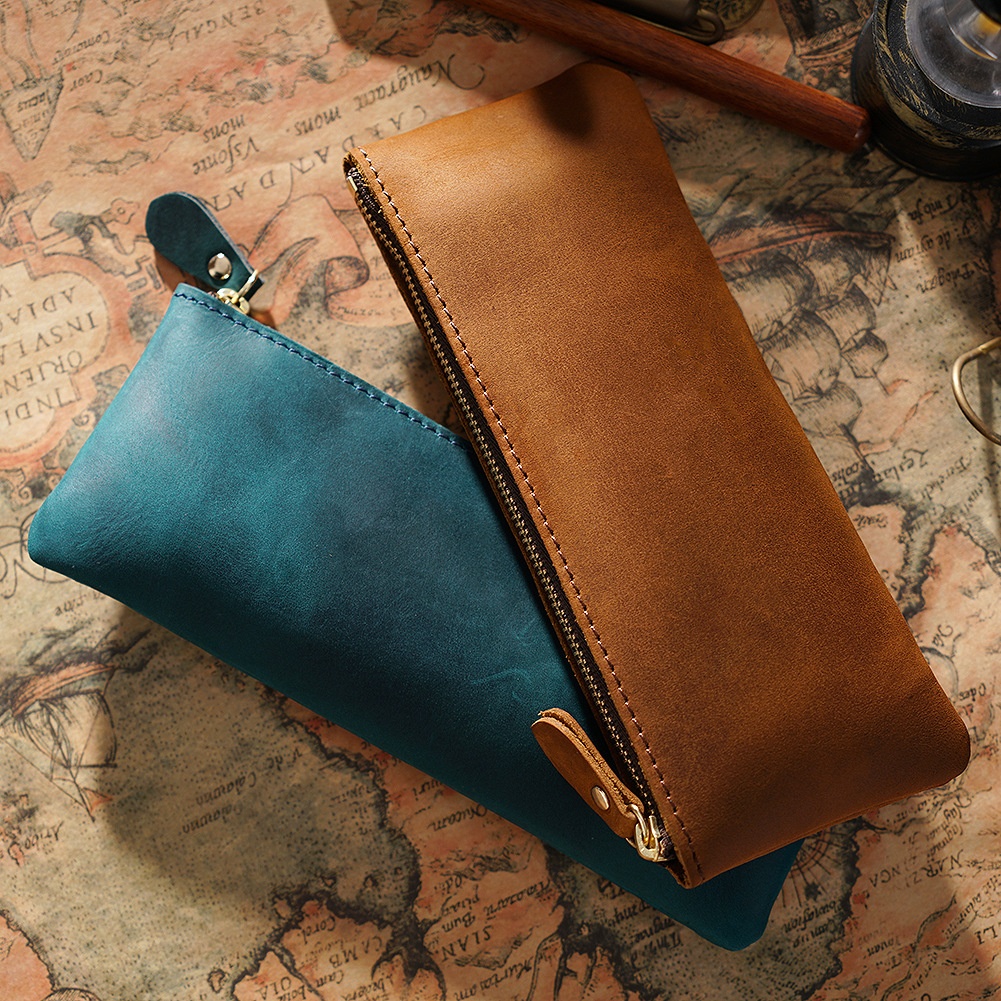 Men's And Women's Genuine Leather Zipper Simple Small Pencil Case Cowhide Pencil Case Personality Handmade Creative Retro Stationery Box Storage Bag