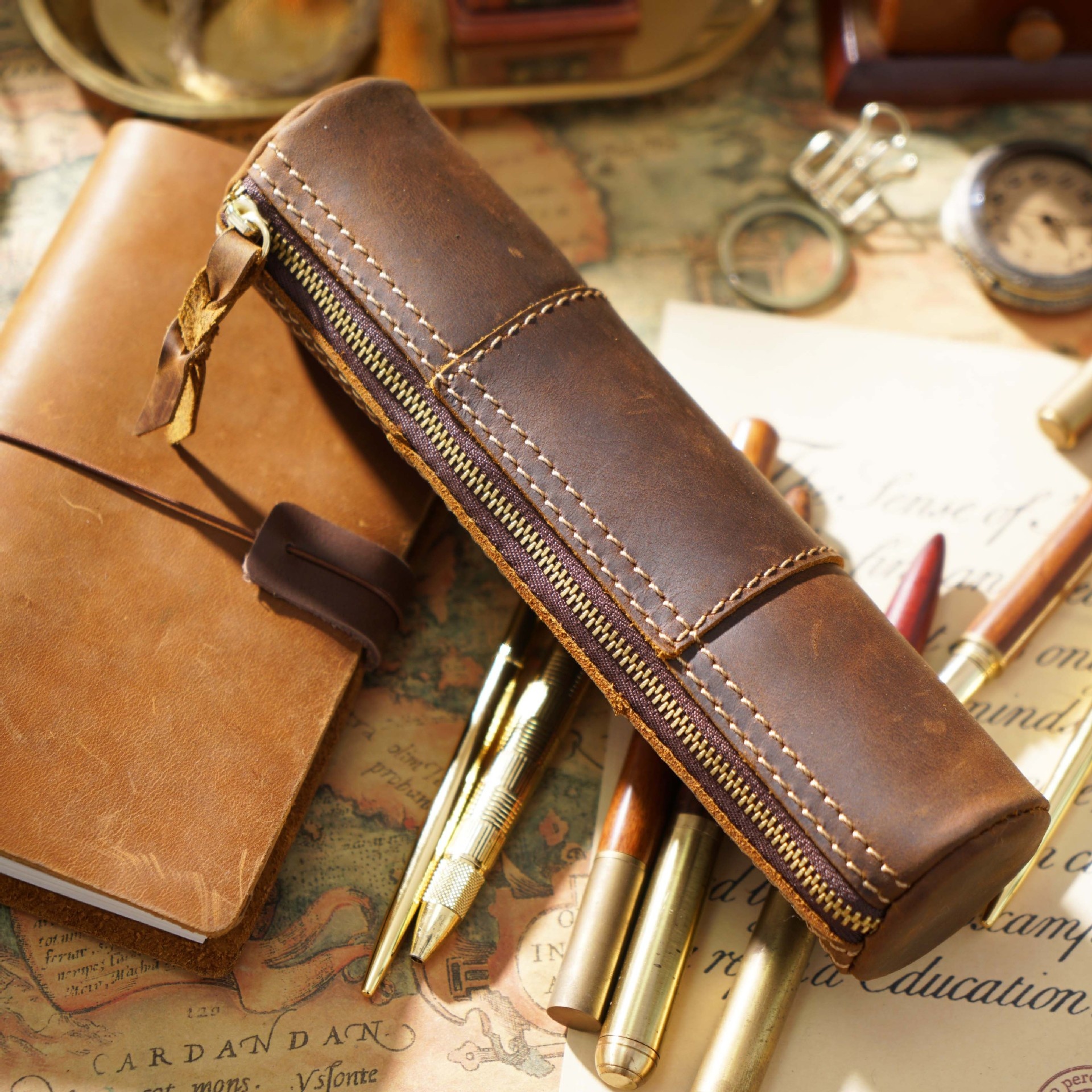 Retro Genuine Leather Zipper Pencil Case First Layer Crazy Horse Leather Handmade Coin Purse Student Pencil Case Stationery Storage Bag