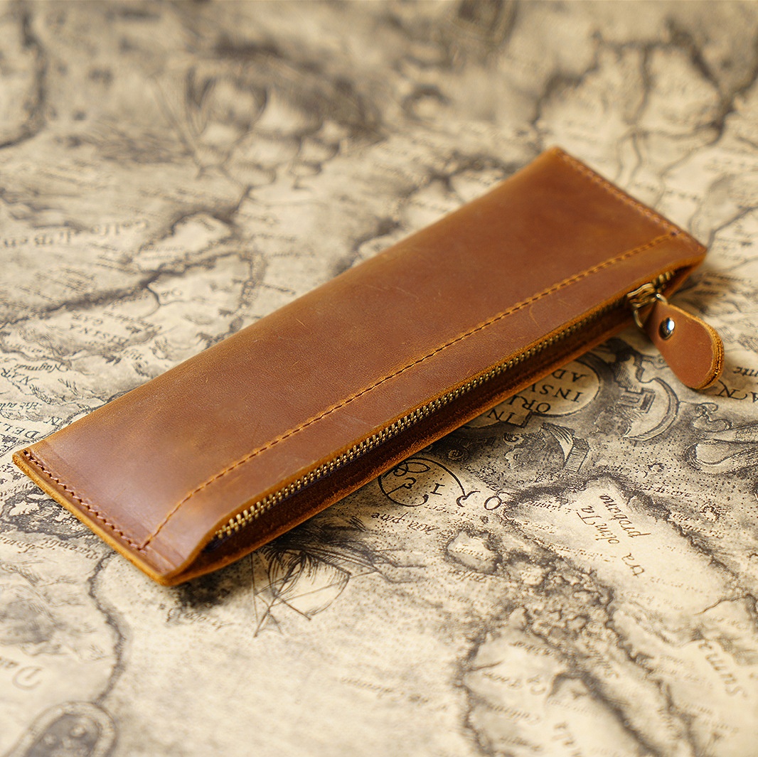 Vintage Genuine Leather Pencil Case College First Layer Crazy Horse Leather Handmade Coin Purse Student Pencil Case Stationery Storage Bag In Stock
