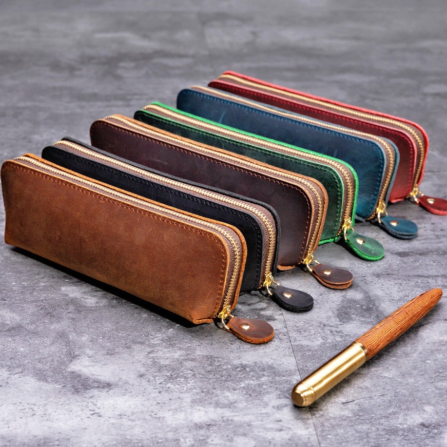 Crazy Horse Leather Zipper Pencil Case Handmade Genuine Leather Pencil Case Creative Fashion Stationery Retro Pen Storage Bag