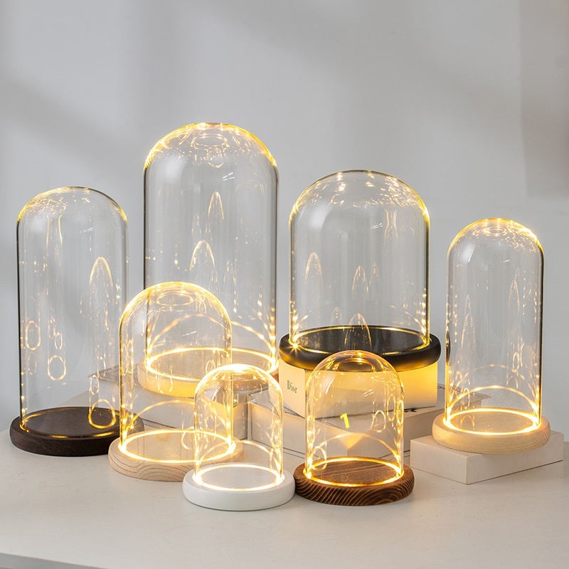 Direct Sale Immortal Flower Glass Cover Creative Ornaments Home Decoration Transparent Dustproof Fire Tree Silver Flower Base With Light