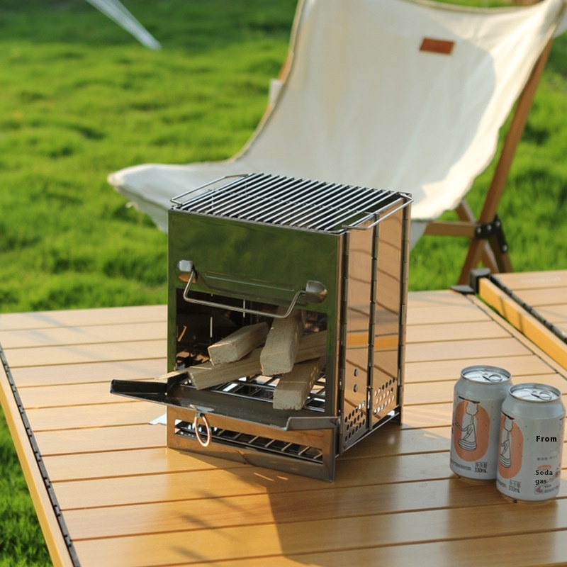 Outdoor Portable Barbecue Grill Stainless Steel Square Folding BBQCamping Wood Stove Barbecue Grill Heating Campfire Stove