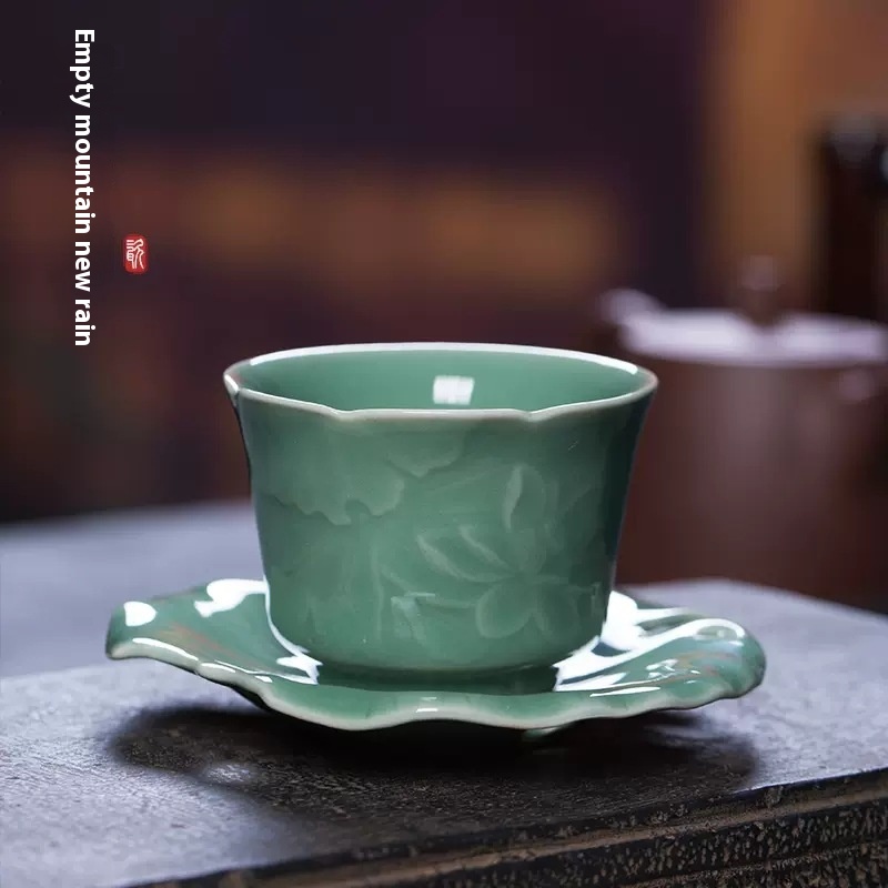 Empty Mountain Rain Longquan Celadon Handmade Lotus With Cup Holder Master Cup Ceramic Kung Fu Tea Cup Single Cup Tea Cup