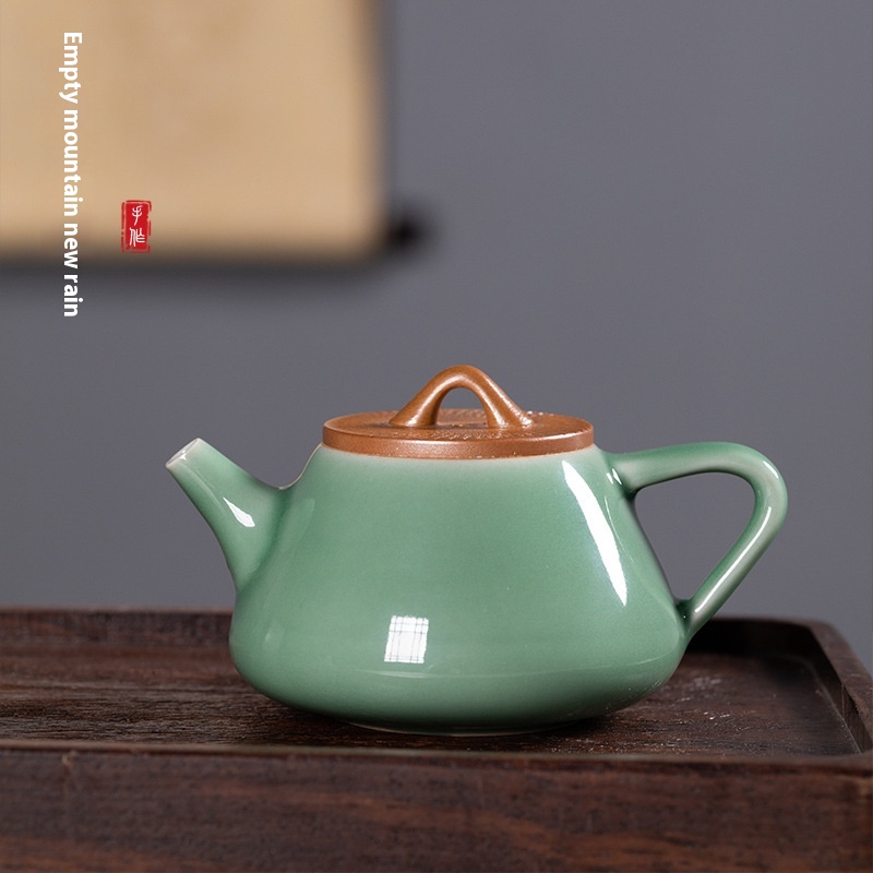 Empty Mountain Rain Jumping Knife Ore Handmade Teapot Longquan Celadon Household High-end Kung Fu Tea Set Ceramic Tea Brewing Single Pot