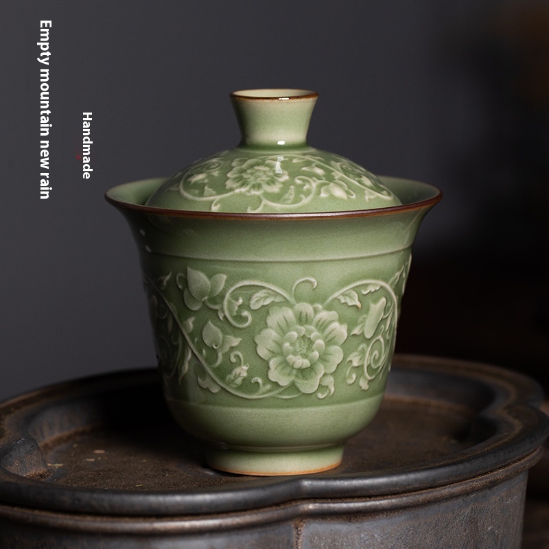 Empty Mountain Rain Longquan Celadon Two-Cai Covered Bowl Retro Tea Bowl Ceramic Chinese Kung Fu Tea Cup Tea Bowl