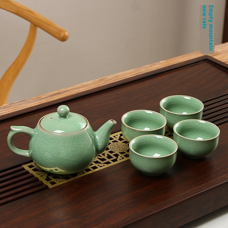 Empty Mountain Rain Creative Longquan Celadon One Pot Four Cups Kung Fu Tea Set Ceramic Tea Set Mid-Autumn Festival Gift