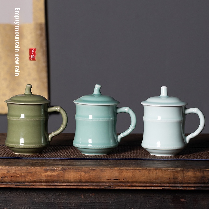 Empty Mountain Rain Creative Mug High Value Longquan Celadon Drinking Cup Ceramic Tea Cup Gift Cup With Lid