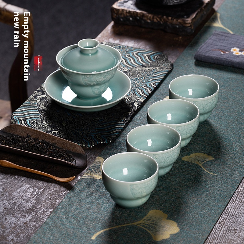 Empty Mountain Rain Longquan Celadon Covered Bowl Tea Cup Kung Fu Tea Set Ceramic Household High-end Sancai Tea Bowl
