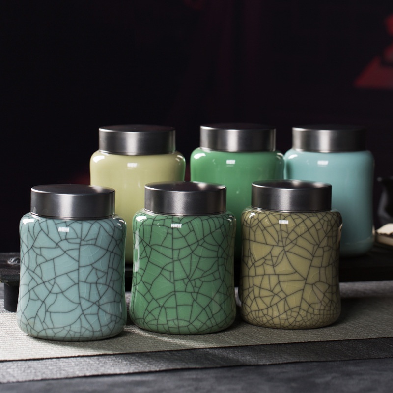 Kongshan Xinyu Longquan Celadon Ge Kiln Ice Crack Tea Can Straight Ceramic Sealed Packaging Jar