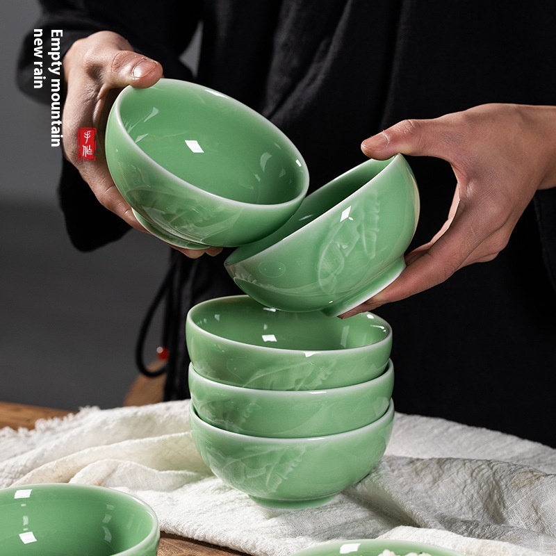 Empty Mountain Rain Longquan Celadon Rice Bowl Household4.5-inch Bowl Ceramic Hotel Restaurant Dessert Porridge Bowl