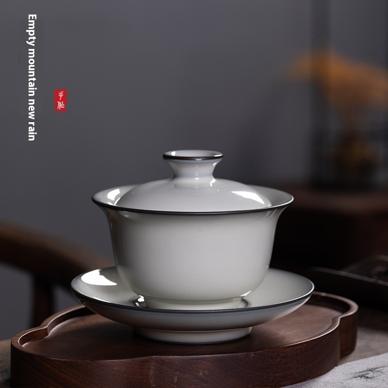 Empty Mountain Rain Longquan Celadon Sancai Covered Bowl Tea Cup Ceramic Large Capacity Hand-Grabbed Tea Bowl Kung Fu Brewing Tea Set