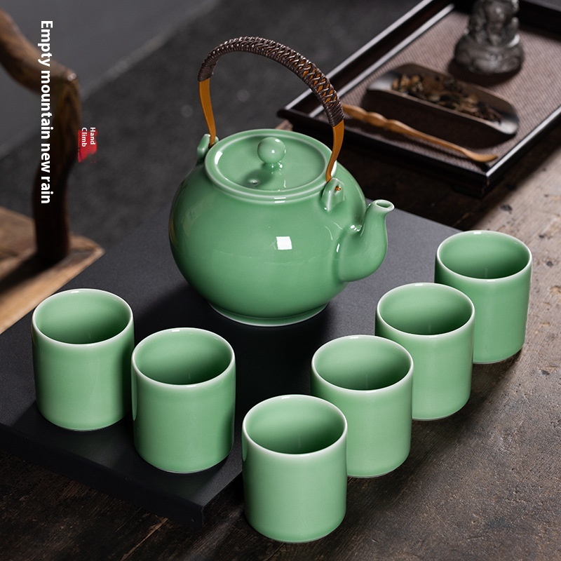 Kongshan Xinyu Longquan Celadon Handle Pot Kung Fu Tea Set Ceramic One Pot Six Cups Herbal Teapot Drinking Tea Cup