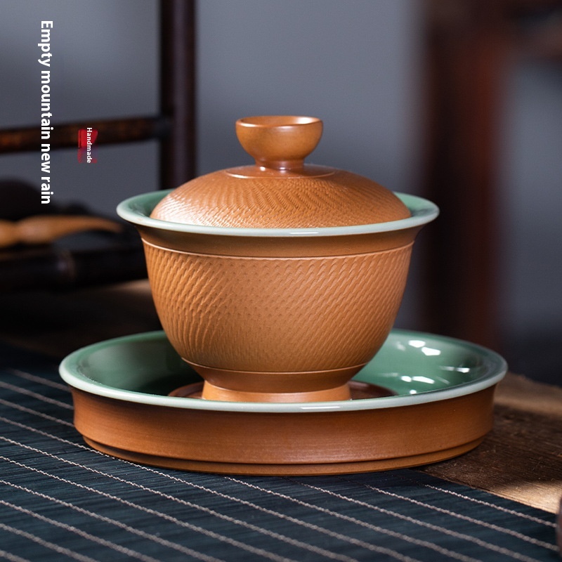 Empty Mountain Rain Longquan Celadon Pure Work Jumping Knife Sancai Covered Bowl Ceramic Kung Fu Tea Set Large Tea Bowl Teacup