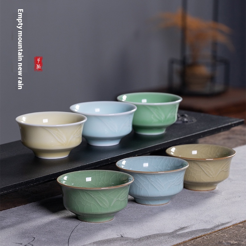Empty Mountain Rain Longquan Celadon Creative Kung Fu Tea Set Tea Cup Single Cup Ceramic Ice Crack Six Color Tea Brewing Master Cup
