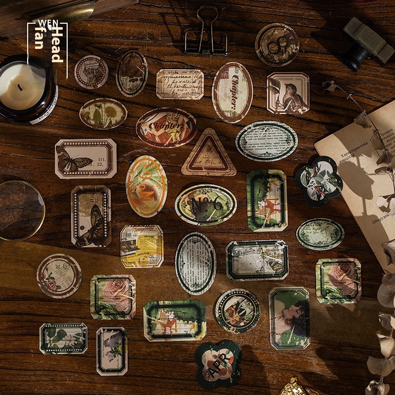 Wenshu Boxed Stickers,Flowing Time Series,Retro Art DIYNotebook Material Label Stickers40 Pieces,6 Types