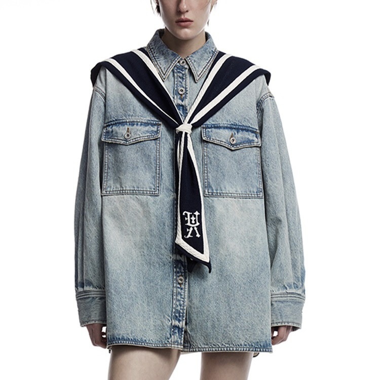 Spring College Navy Style Cape Denim Jacket Women
