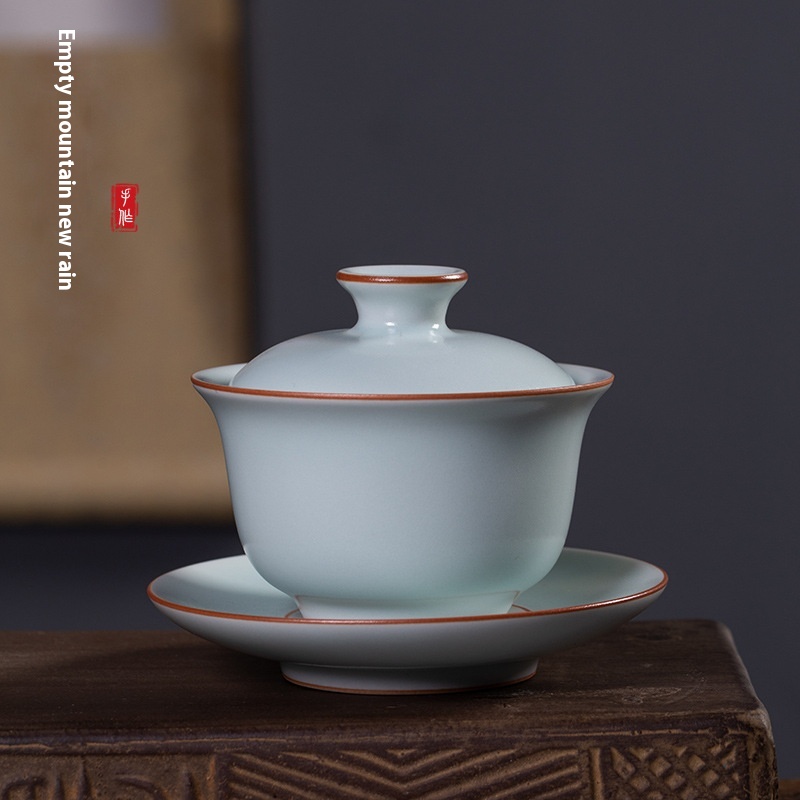 Empty Mountain Rain Longquan Celadon Sancai Gaiwan Kung Fu Tea Set Tea Bowl Ceramic High-end Pure Handmade Tea Brewing Device