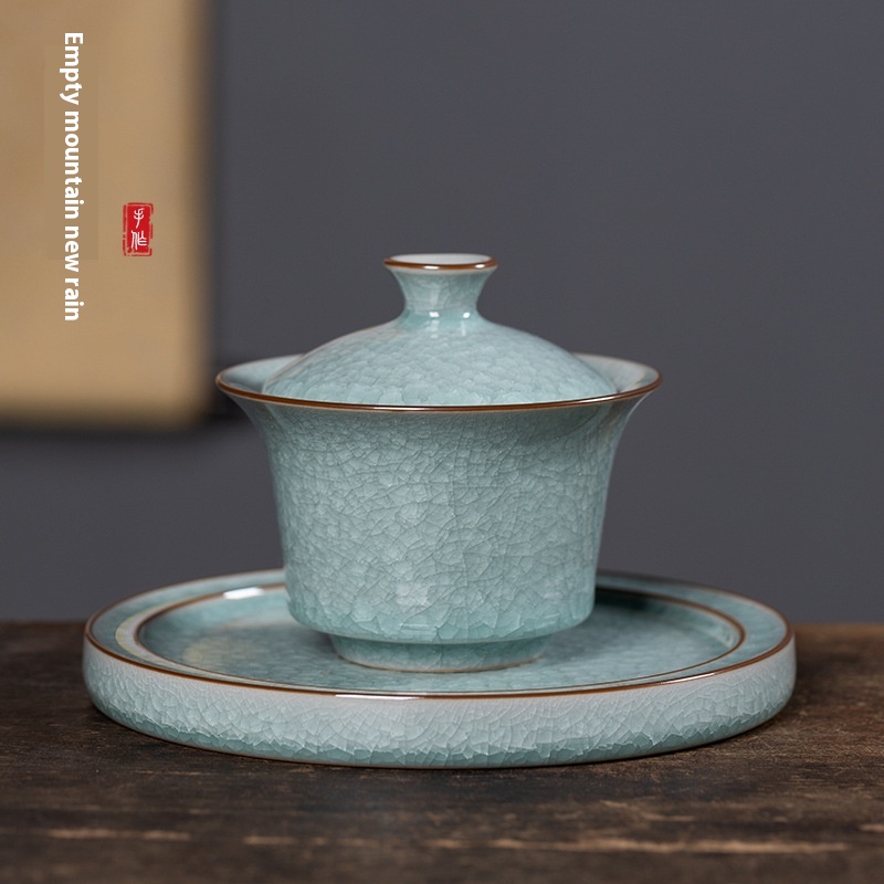 Empty Mountain Rain Longquan Celadon Sancai Covered Bowl Large Tea Cup Ceramic Ice Flower Ice Crack Hand-Grabbed Tea Bowl