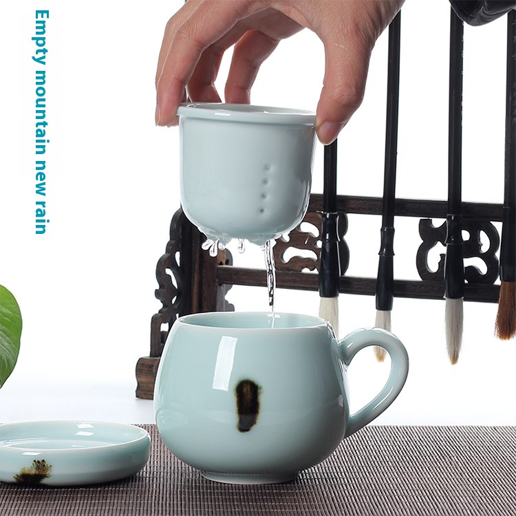 Empty Mountain Rain Longquan Celadon Tea Water Separation Office Tea Cup Tea Cup Dudu Cup Home Ceramic Gift Cup